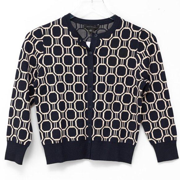 Ann Taylor Ann Cardigan + Shell Geometric Sweater Set Tan Navy Blue Size XS New - Picture 1 of 11